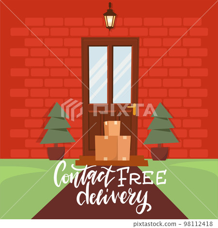 Contactless delivery. Package is next to the door to the house. Goods are delivered to the door. Stay at home concept. Quarantine and prevention of spread of coronavirus. Flat vector illustration 98112418