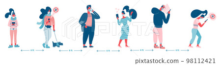 Group of People in Queue, Social Distancing Concept Protection, Prevention of Coronavirus Covid-19. Flat vector illustration. 98112421