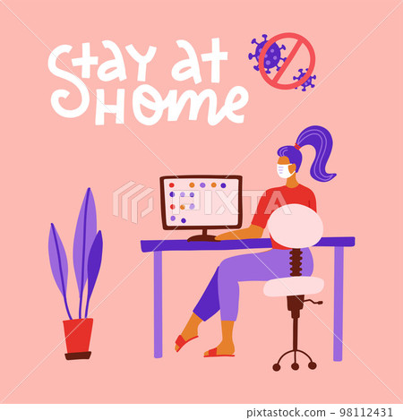 Self isolation from a pandemic. Working from home during Covid-19 concept. Stay at home. Remote work from home during Coronavirus quarantine. Woman working on PC sitting at the table. Vector flat Self isolation from a pandemic. Working from home during Covid-19 concept. Stay at home. Remote work from home during Coronavirus quarantine. Woman working on PC sitting at the table. Vector flat 98112431