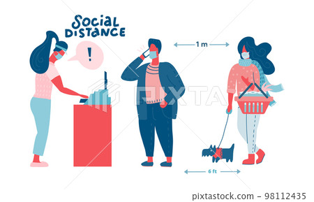 People in medical masks doing shopping in supermarket. Quarantine coronavirus 2019-nCoV in the store. Epidemic Precautions. Cashier riles for social distance. Flat colourful vector illustration 98112435
