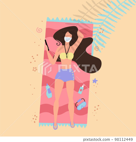 Girl on the beach with a bikini. Summer time. Coronavirus CoVID. Woman in a trendy retro swimsuit and a facial medical mask. Pandemic COVID-19. Vector flat illustration Girl on the beach with a bikini. Summer time. Coronavirus CoVID. Woman in a trendy retro swimsuit and a facial medical mask. Pandemic COVID-19. Vector flat illustration 98112449