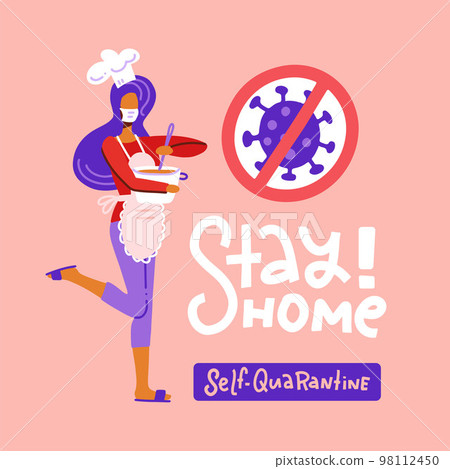 Housewife in a medical mask preparing soup in a saucepan. Coronavirus epidemic. Young woman in a chef's hat at home self quarantine COVID-19 Coronavirus. Flat vector illustration Housewife in a medical mask preparing soup in a saucepan. Coronavirus epidemic. Young woman in a chef's hat at home self quarantine COVID-19 Coronavirus. Flat vector illustration 98112450
