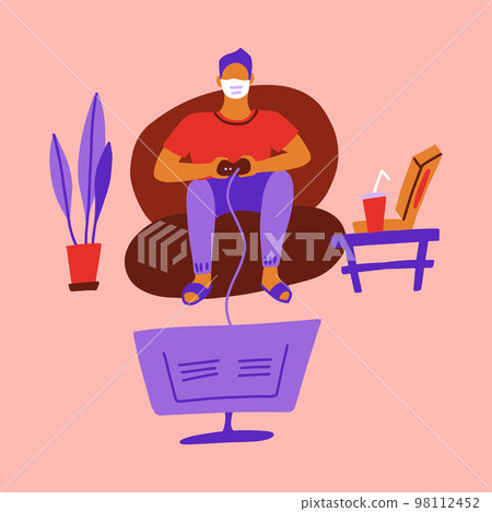 Man in casual clothes playing gamepade on large monitor at home. Flat vector illustration. Coronavirus outbreak concept. Staying home with self quarantine. Lockdown at home. Man in casual clothes playing gamepade on large monitor at home. Flat vector illustration. Coronavirus outbreak concept. Staying home with self quarantine. Lockdown at home. 98112452