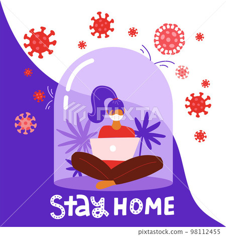 Coronavirus outbreak concept. A girl sits in a meditation pose with laptop under a glass cap. Covid-19 virus in air. Staying home with self quarantine. Protect from viruses. Vector flat illustration 98112455
