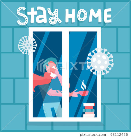 2019-ncov quarantine. Sick Man drinking tea near the window. Outside view. Lockdown at home. Remote work concept. Stay at home. Coronavirus panic. Isolated person vector flat illustration. 2019-ncov quarantine. Sick Man drinking tea near the window. Outside view. Lockdown at home. Remote work concept. Stay at home. Coronavirus panic. Isolated person vector flat illustration. 98112456