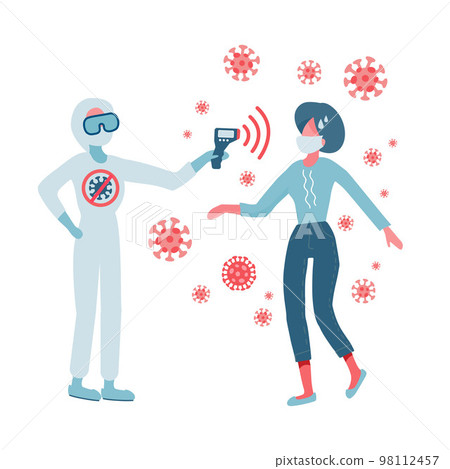 Doctor in hazmat suit holding a non-contact thermometer in hand. Temperature check. Mask on face, person in control. Coronavirus prevention. Epidemic 2019-ncov. Measuring fever. Vector flat design. 98112457