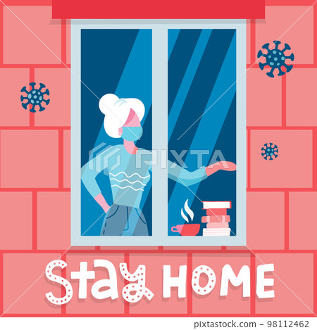 Old woman staying by the window with cup of tea and books in self quarantine, protection from virus. Coronavirus prevention concept. Vector alt illustration with lettering text Stay at home 98112462