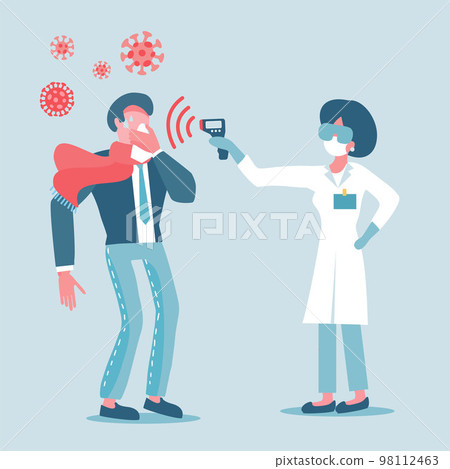 Symbol of coronavirus infection, corona virus detection. Doctor in protective mask measures the temperature of man in a suit. COVID-19 measure fever to virus infected person. viruses pandemic outbreak 98112463