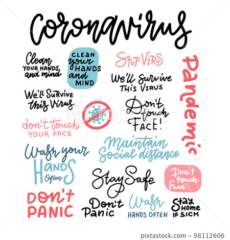 CoronaVirus hand drawn vector illustration set. China Wuhan pneumonia. Coronavirus covid-19 linear lettering. Epidemic disease banner. Wash Hands. Don't touch face. Stay safe. don't panic. Stay home 98112606