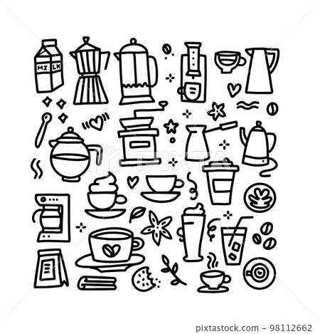 Set of coffee linear drawings set. Hand drawn doodle style vector illustration collection. 98112662