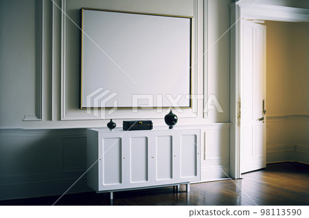 Poster mockup with vertical frames on empty wall in livingroom interior. Created with Generative AI technology. Poster mockup with vertical frames on empty wall in livingroom interior. Created with Generative AI technology. 98113590