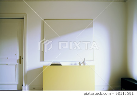 Empty poster for presentation on the gray wall, Livingroom design with home decoration.. Created with Generative AI technology. Empty poster for presentation on the gray wall, Livingroom design with home decoration.. Created with Generative AI technology. 98113591