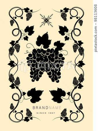 Sticker for wine or juice packaging. Bunch of grapes with leaves and tendrils. Autumn harvest. Advertising label with berry silhouette. Simple flat vector 98113608