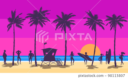 Beach landscape with Lifeguard Station, people on vacation. Palms, sea, ocean, coast view, sunset Beach landscape with Lifeguard Station, people on vacation. Palms, sea, ocean, coast view, sunset 98113807