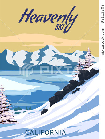 Heavenly Ski Travel resort poster vintage. California USA winter landscape travel card Heavenly Ski Travel resort poster vintage. California USA winter landscape travel card 98113808