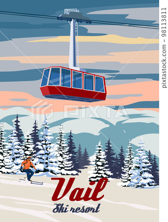 Ski Travel resort poster vintage Vail. Colorado USA winter landscape travel card Ski Travel resort poster vintage Vail. Colorado USA winter landscape travel card 98113811