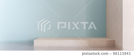 Empty scene with water. Blue background. Template for product, cosmetic presentation. Natural mock up. Backdrop with empty, copy space. Display, showcase. 3D rendering. 98113841