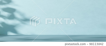 Empty scene with leaves shadows. Blue background. Template for product, cosmetic presentation. Natural mock up. Backdrop with empty, copy space. Display, showcase. 3D rendering. 98113842