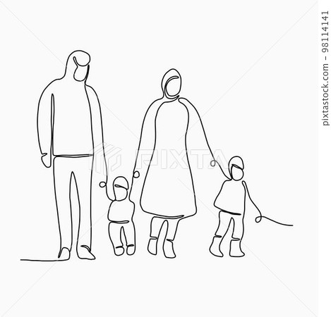 Doodle continuous line freehand drawing of a family. 98114141
