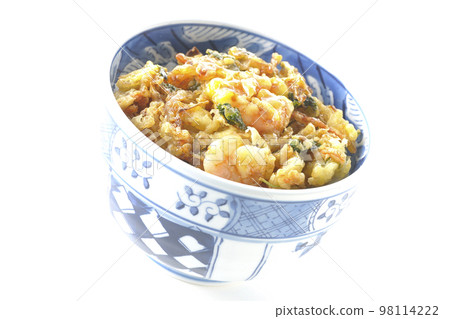Kakiage rice bowl with vegetables and shrimp shot against a white background 98114222