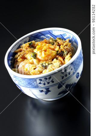 黑色背景下蔬菜和蝦的 Kakiage 飯碗 黑色背景下蔬菜和蝦的 Kakiage 飯碗 98114282