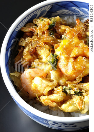 A bird's-eye view of vegetables and shrimp kakiage rice bowl on a black background 98114305