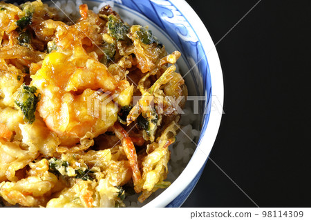 A bird's-eye view of vegetables and shrimp kakiage rice bowl on a black background 98114309