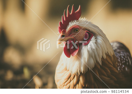 Close up of a chicken on a farm, set against natural background. 98114534
