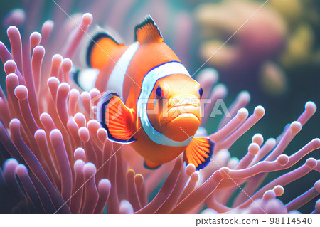 Close up of a brightly colored Clown fish swimming among the coral in aquarium tank. Close up of a brightly colored Clown fish swimming among the coral in aquarium tank. 98114540