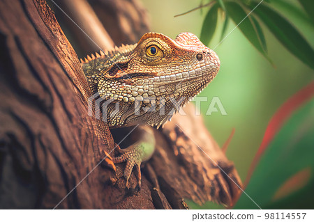 Close up of a reptile on a tree branch, set against a stunning HD natural background wallpaper 98114557