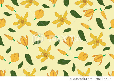 Illustration pattern of Yellow Champaka blooming flower with leaves on soft yellow background. Illustration pattern of Yellow Champaka blooming flower with leaves on soft yellow background. 98114592