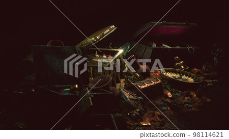 Open treasure chest with gold coins 98114621