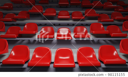 Stadium or venue tier with red plastic seats rised up randomly. 3D rendering 98115155
