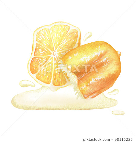 Squeezed lemons in a puddle of juice. Yellow fruits. Watercolor illustration. Isolated on a white background. For your design recipes, kitchen utensils, product packaging with citrus acid or scent Squeezed lemons in a puddle of juice. Yellow fruits. Watercolor illustration. Isolated on a white background. For your design recipes, kitchen utensils, product packaging with citrus acid or scent 98115225