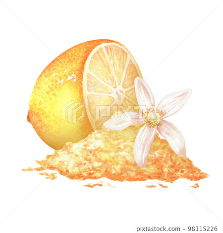 Lemon with a bunch of grated zest and citrus flower. Watercolor illustration. Isolated on a white background. For your design stickers, nature prints, product packaging with citrus acid or scent Lemon with a bunch of grated zest and citrus flower. Watercolor illustration. Isolated on a white background. For your design stickers, nature prints, product packaging with citrus acid or scent 98115226
