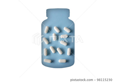 White medicine or capsules in a clear 2D bottle. Magnesium Vitamins on blue background. No plastic. Shape of a jar with supplements on a white background White medicine or capsules in a clear 2D bottle. Magnesium Vitamins on blue background. No plastic. Shape of a jar with supplements on a white background 98115230
