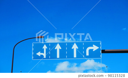 Traffic signs indicating the direction of travel and the scenery of the blue sky Traffic signs indicating the direction of travel and the scenery of the blue sky 98115328