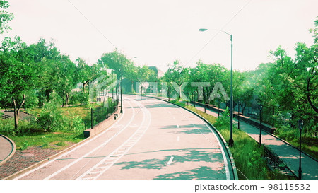 Asphalt road and green trees in park Asphalt road and green trees in park 98115532
