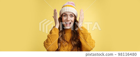 Close-up amused surprised pretty young european woman open eyes smiling broadly reacting astonished happy receiving incredible awesome surprise grinning joyfully celebrating birthday Close-up amused surprised pretty young european woman open eyes smiling broadly reacting astonished happy receiving incredible awesome surprise grinning joyfully celebrating birthday 98116480