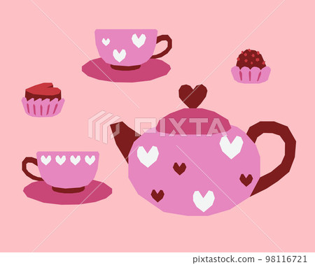 Teapot with cups decorated with hearts and chocolates. Festive tea party on Valentines Day. Teapot with cups decorated with hearts and chocolates. Festive tea party on Valentines Day. 98116721