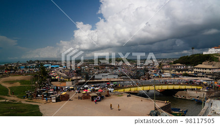 Aerial view to Coenraadsburg fortress from the roof of Elmina castle, Ghana Aerial view to Coenraadsburg fortress from the roof of Elmina castle, Ghana 98117505