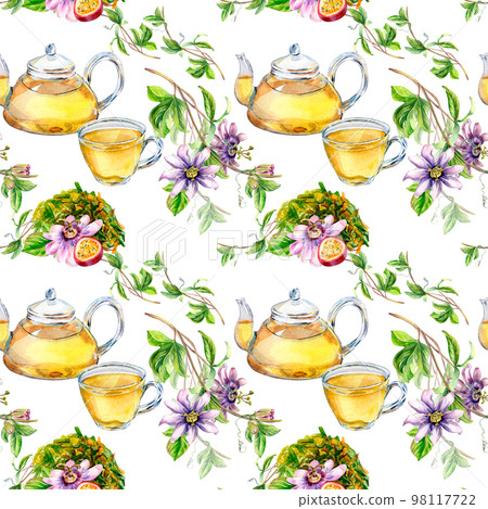 Glass teapot and cup, passion flower, stem watercolor seamless pattern isolated on white. Glass teapot and cup, passion flower, stem watercolor seamless pattern isolated on white. 98117722