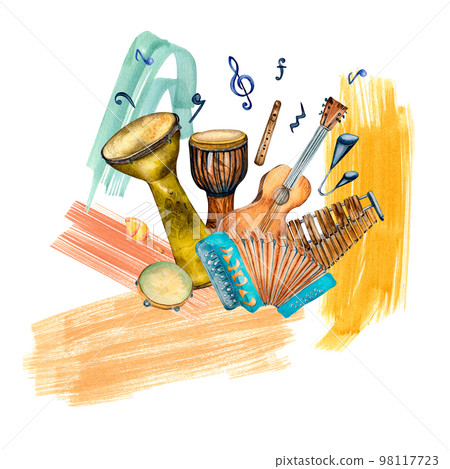 Latin percussion musical instruments and paint stroke watercolor illustration isolated. Latin percussion musical instruments and paint stroke watercolor illustration isolated. 98117723