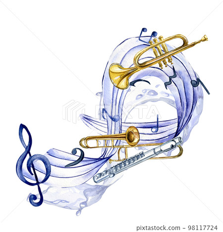 Musical symbols and wind musical instrument watercolor illustration isolated on white. Musical symbols and wind musical instrument watercolor illustration isolated on white. 98117724