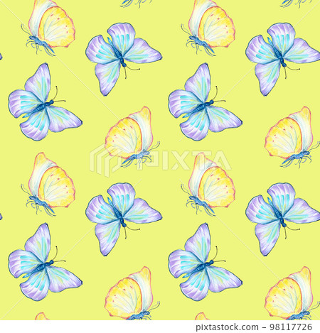 Meadow blue, yellow butterflies watercolor seamless pattern on yellow. 98117726