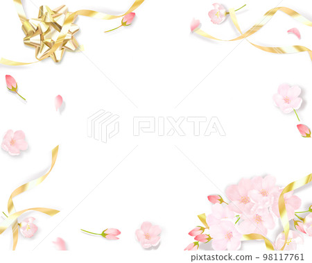 Light pink cute cherry blossoms and gold ribbon decoration-white back frame background material Light pink cute cherry blossoms and gold ribbon decoration-white back frame background material 98117761
