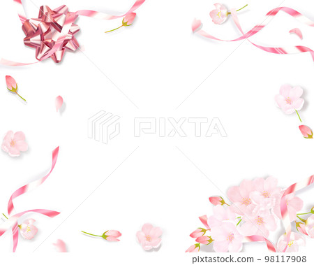 Light pink cute cherry blossoms and pink gold ribbon-white back frame background material Light pink cute cherry blossoms and pink gold ribbon-white back frame background material 98117908