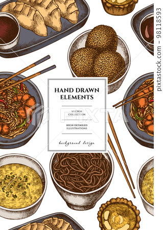 Asian food pattern card design. Hand drawn jiaozi, jian dui, egg tart, noodles with shrimp, egg soup, noodles bowl. 98118593