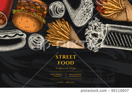 Street food hand drawn illustration design. Background with vintage sauces, soda, gyros, burger, taco, shawarma, french fries, hot dog. 98118607