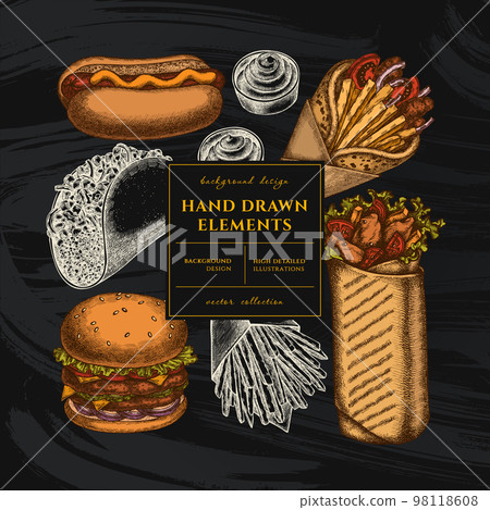 Street food square card or invitation design. Frame design with sauces, gyros, burger, taco, shawarma, french fries, hot dog. Street food square card or invitation design. Frame design with sauces, gyros, burger, taco, shawarma, french fries, hot dog. 98118608